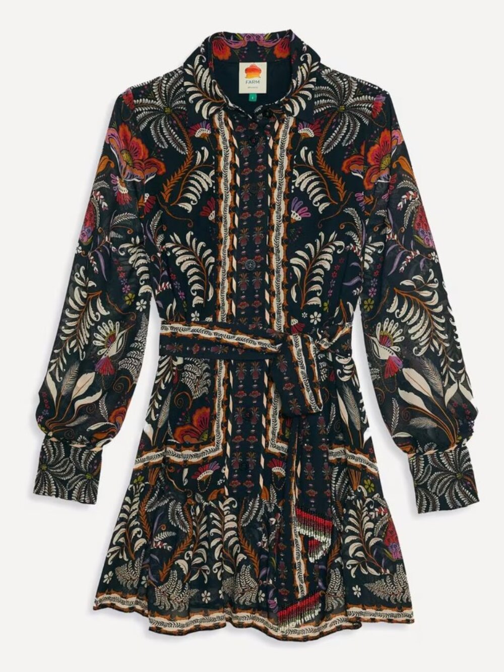 FARM Rio Black Classic Garden Long Sleeve Mini Dress Size S Black Floral